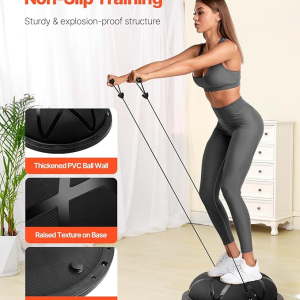 VEVOR Half Exercise Ball Trainer, 23/26 inch Balance Ball Trainer, 1500lbs Capacity Stability Ball, Yoga Ball with Resistance Bands & Foot Pump, Strength Fitness Ball for Home Gym Full Body Workout Black